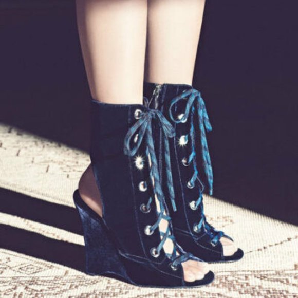 Prada Velvet Lace-Up Wedge Bootie Navy 37.5 - Picture 1 of 4